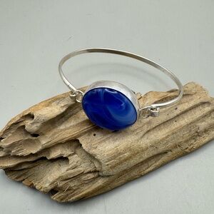 Sterling Handmade Blue Glass Cabochon Bangle Bracelet